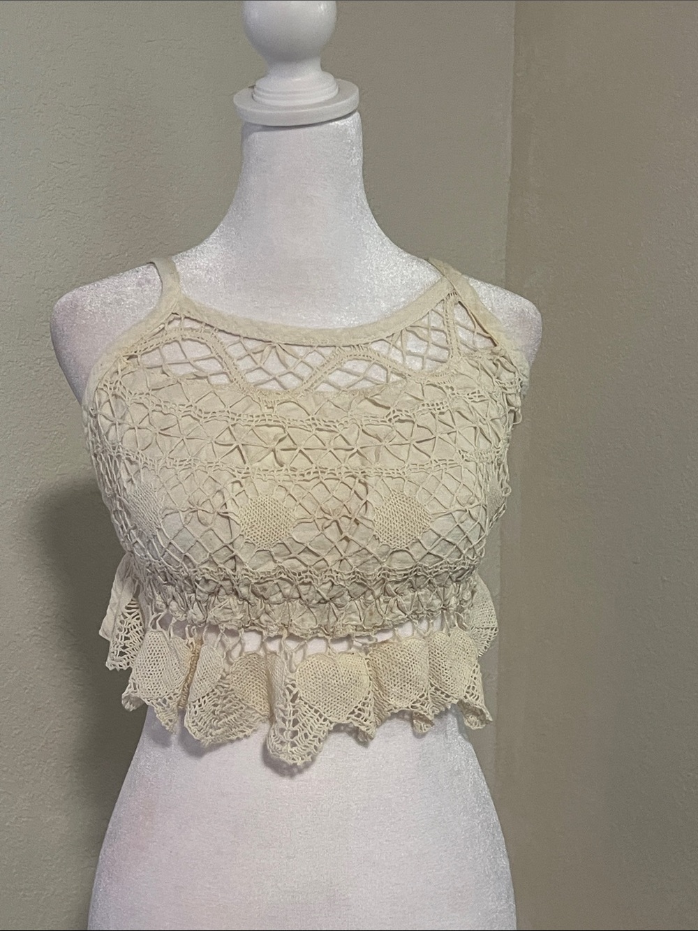 Vintage Crochet Lace Crop Tank Top - Cream
